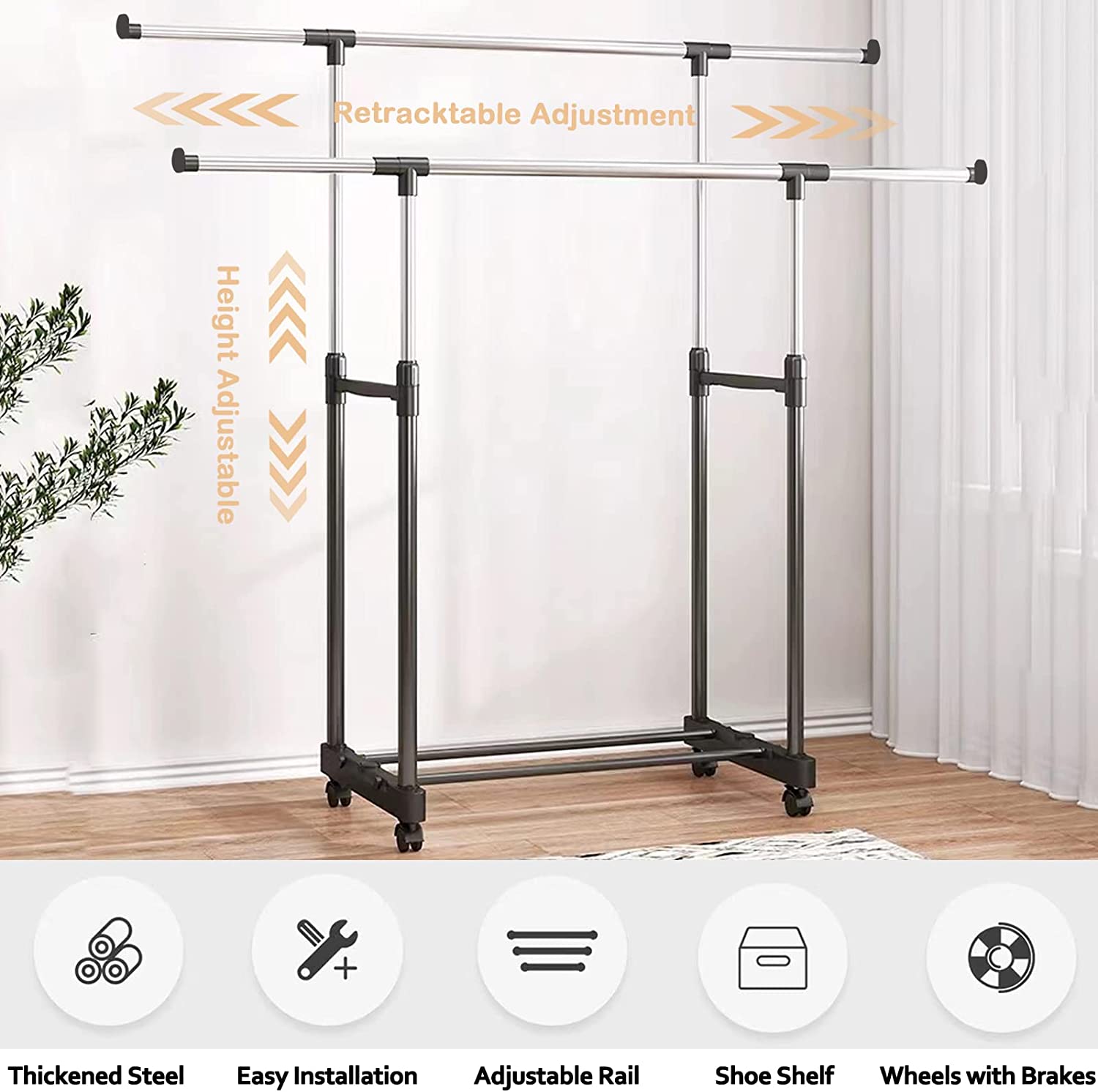 Adjustable Clothes Coat Garment Hanging Rail Rack Storage Double Stand Castors Adjustable Clothes Coat Garment Hanging Rail Rack Storage Double Stand Castors